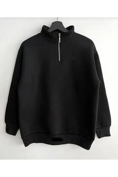 Siyah Yarım Fermuarlı Dik Yaka Sweatshirt Içi Polarlı Kışlık Unisex