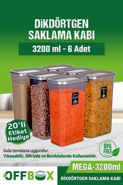 6 Adet 12 Parça 3,2 Litre Mega Boy Dikdörtgen Erzak Bakliyat Saklama Kabı Seti 20 Etiket Hediyeli