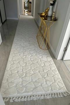Taş Desen Beyaz Peluş Yolluk Halı Kaymaz Taban Makinede Yıkanabilir Beyaz Peluş Halı