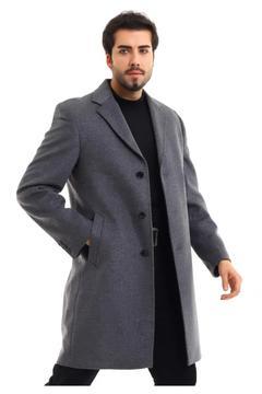 Erkek Koyu Gri Yünlü Pardösü Kaban Ceket Yaka Pardesü Füme