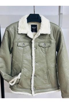 İçi kürklü erkek mint yeşili suni deri içi peluşlu  mont