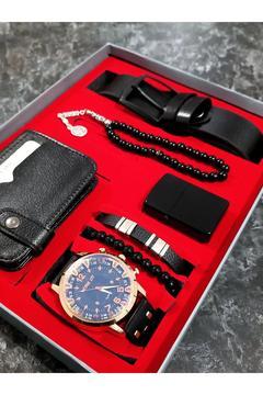 Erkek Saat Kemer Cüzdan Tesbih Çakmak Bileklik Hediye Seti Siyah