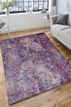 Mor Etnik Desenli Halı (makinada Yıkanabilir Kaymaz Dot Taban) - Esta1303