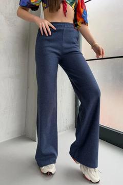 Kadın İndigo Yüksek Bel Bol Paça Kaşkorse Fitilli Cepli Pantolon Eşofman Altı