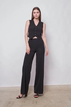 Likralı Krep Kumaş Önü Dikişli Beli Lastikli Bol Paça Pantolon-Siyah