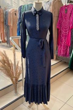 Taş Detaylı Desenli Elbise - Lacivert