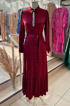 Taş Detaylı Desenli Elbise - Bordo