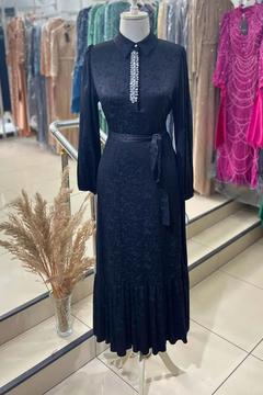 Taş Detaylı Desenli Elbise - Siyah