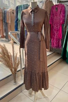 Taş Detaylı Desenli Elbise - Camel