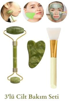 3'lü Set %100 Doğal Yeşim Taşı - Kalp Gua Sha - Maske Sürme Fırçası Cilt Masaj Aleti Yüz Masaj Aleti