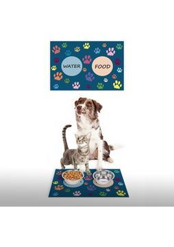 Water Food Kedi Köpek Mavi Pati Desenli Dijital Baskılı 35X50 Dekoratif Çok Amaçlı Mama Altlığı Mama Paspası