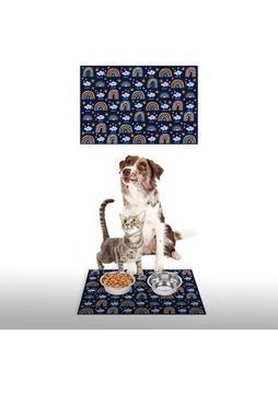 Vagonik Water Food Kedi Köpek Gökkuşağı Lacivert Dijital Baskılı 35X50 Dekoratif Çok Amaçlı Mama Altlığı Mama Paspası