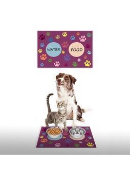 Vagonik Water Food Kedi Köpek Mor Pati Desenli Dijital Baskılı 35X50 Dekoratif Çok Amaçlı Mama Altlığı Mama Paspası