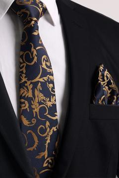 Hand Made 7.5 cm Sarı - Lacivert Desenli Kravat Mendil