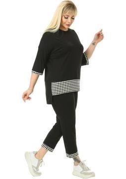 Melsay Butik Siyah Kazayağı Şeritli Büyük Beden Kadın Kapri Takımı
