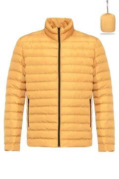 Erkek Taşınabilir Çantalı Rüzgar Geçirmez Dik Yaka Elyaf Dolgulu Hafif Şişme Sarı Mont