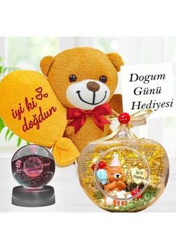Md Doğum Günü Hediyesi Işıklı Teraryum &amp; Iyiki Doğdun Balonlu Ayıcık &amp; Satürn Kız Işıklı Cam Küre