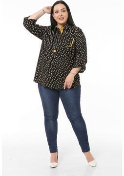 Disentis Modest Büyük Beden Çiçek Desenli Yaka ve Cep Garni Detaylı Apoletli Truvakar Kol Siyah Gömlek