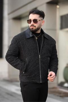 YAKASI DERİ DETAYLI ERKEK KAŞE MONT