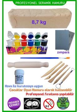 Oyun ve Sanat Seramik Hamuru 8,7 Kg, 5li Ahşap Ebeşuar (Modelaj Seti), Zımpara, Merdane, Guaj Boya, Fırça, Doğal Kil Çamuru