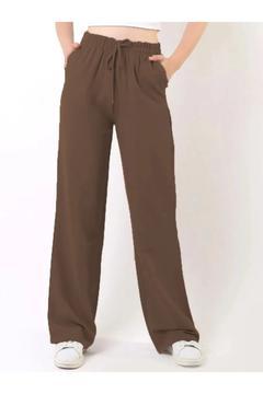 Kadın Keten Beli Lastik Bağlamalı Yüksek Bel Geniş Kesim Cepli Yazlık Pantolon