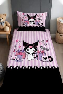 Lila Şeritli Partici Kuromi Desenli Yatak Örtüsü ve Yastık Kılıfı