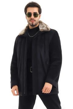 Erkek Siyah Kürklü Yaka Vintage Kalın Kaban Oversize Model