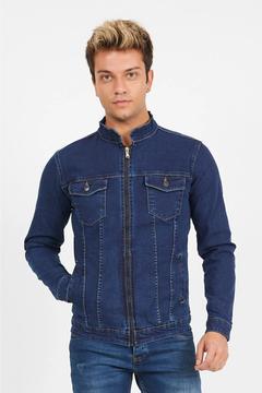 Erkek Koyu Mavi Fermuarlı Slim Fit Kot Ceket