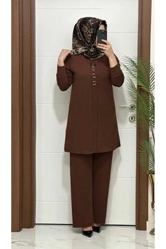 2850  K 75 kahverengi  fitilli atlas kumaş tunik pantolon takım halka detay  buyuk beden  yeni sezon