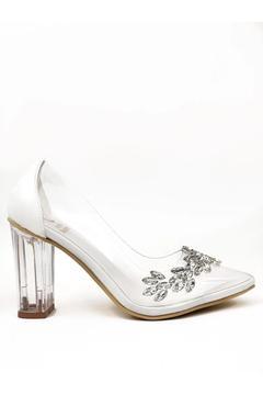 Kadın Beyaz Tunny Şeffaf Topuk Yaprak Taşlı Ayakkabı