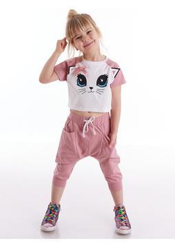 Denokids Kedi Maviş Kız Çocuk T-shirt Kapri Şort Takım