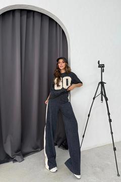 Kadın 80 Detaylı Kısa Kollu Rahat Kalıp Alt Üst Lacivert Eşofman Takımı