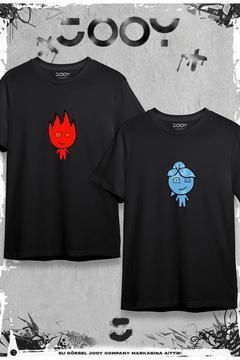 Ateş Ve Su Tasarım Sevgili Çift Kombini Siyah Oversize Tshirt 2'li Set