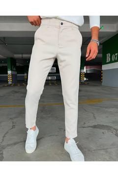 Erkek Krem Kendinden Çizgili Kort Desenli Slimfit Esnek Likralı Kaliteli Bilek Boy Kumaş Pantolon