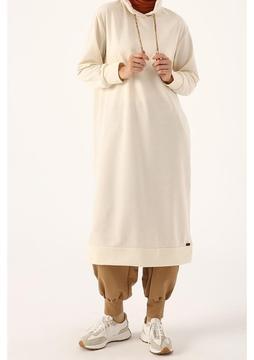 ALLDAY Ekru-Leopar Bağcıklı Kapüşonlu Rahat Tunik