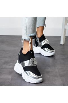 kadın siyah taşlı gizli topuk spor ayakkabı