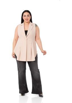 Disentis Modest Büyük Beden Kaplama Düğmeli Eteği Pileli Arkası Kısa Bej Rengi Yelek