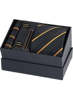 Esgue Hand Made Çizgili Siyah Gold Kravat &amp; Mendil &amp; Siyah Gold Kol Düğmesi &amp; Kravat Maşası Hediye Seti