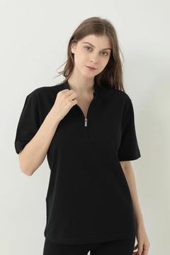 Kadın Hakim Yaka Tişört Yarım Fermuarlı Slim Fit Kısa Kollu Yarım Fermuar Detaylı Pamuklu New Season