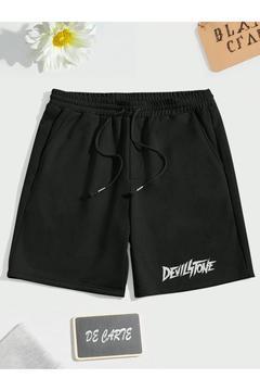 Devılstone Baskılı Siyah Unisex Kadın-erkek Bermuda Şort