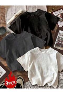 3 lü Füme Beyaz Siyah Düz T-shirt