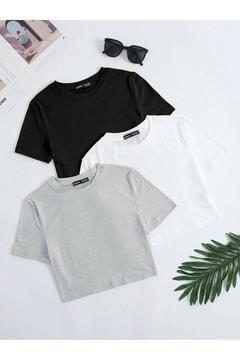 3'Lü Kadın Basic Crop T-shirt - Gri Beyaz Siyah  Oversize Bisiklet Yaka