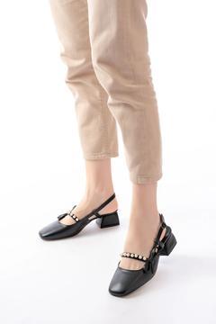 Kadın Maste İncili Kısa Topuklu Ayakkabı - siyah-deri