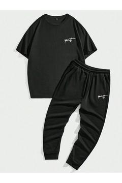 Spirit Yazı T-Shirt Eşofman Altı Jogger - Siyah Baskılı Eşofman Takımı Bisiklet Yaka