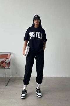 Boston Massachusett T-shirt Eşofman Altı Jogger - Siyah Baskı Eşofman Takımı Oversize Bisiklet Yaka