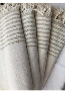 Coperta Battal Boy Kolları Örten Krem zemin, Vizon çizgili Koltuk Örtüsü Takımı 3+3+1+1