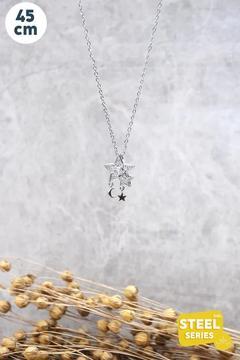 Silver Renk Büyük Yıldız Ortasında Tektaş Ay Ve Yıldız Çelik Kolye AKL2485