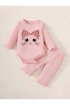 Kız Bebek Fitilli Alt Üst Takım %100 Pamuk Bandanalı Kedicik Baskılı