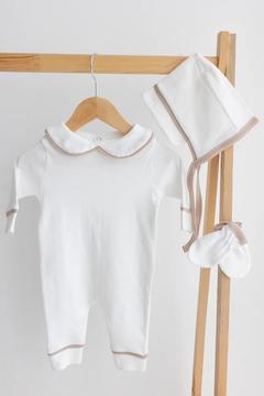 Bonet Şapkalı Latte Biyeli 3'lü Pamuklu Tulum Seti