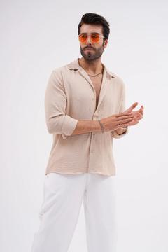 Keten Dokulu Oversize Erkek Gömlek Bej